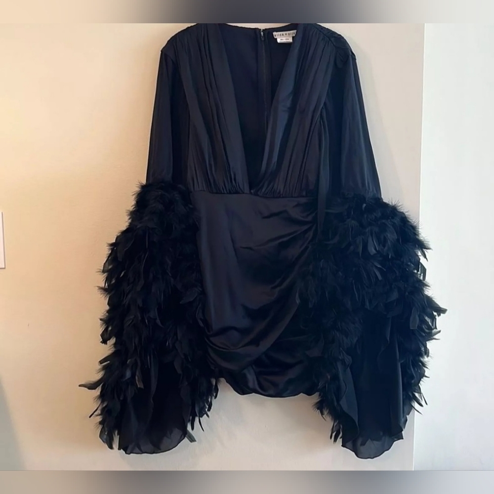 ALICE + OLIVIA JOETTE FEATHER TRIM SLEEVE MINI DRESS SIZE 2 NWT $895 - Picture 14 of 16